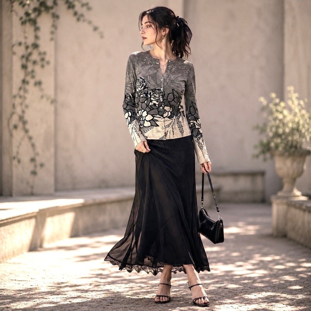 Charlotte Tarantola Rhinestone Cardigan Floral Grey Black Academia Coquette S